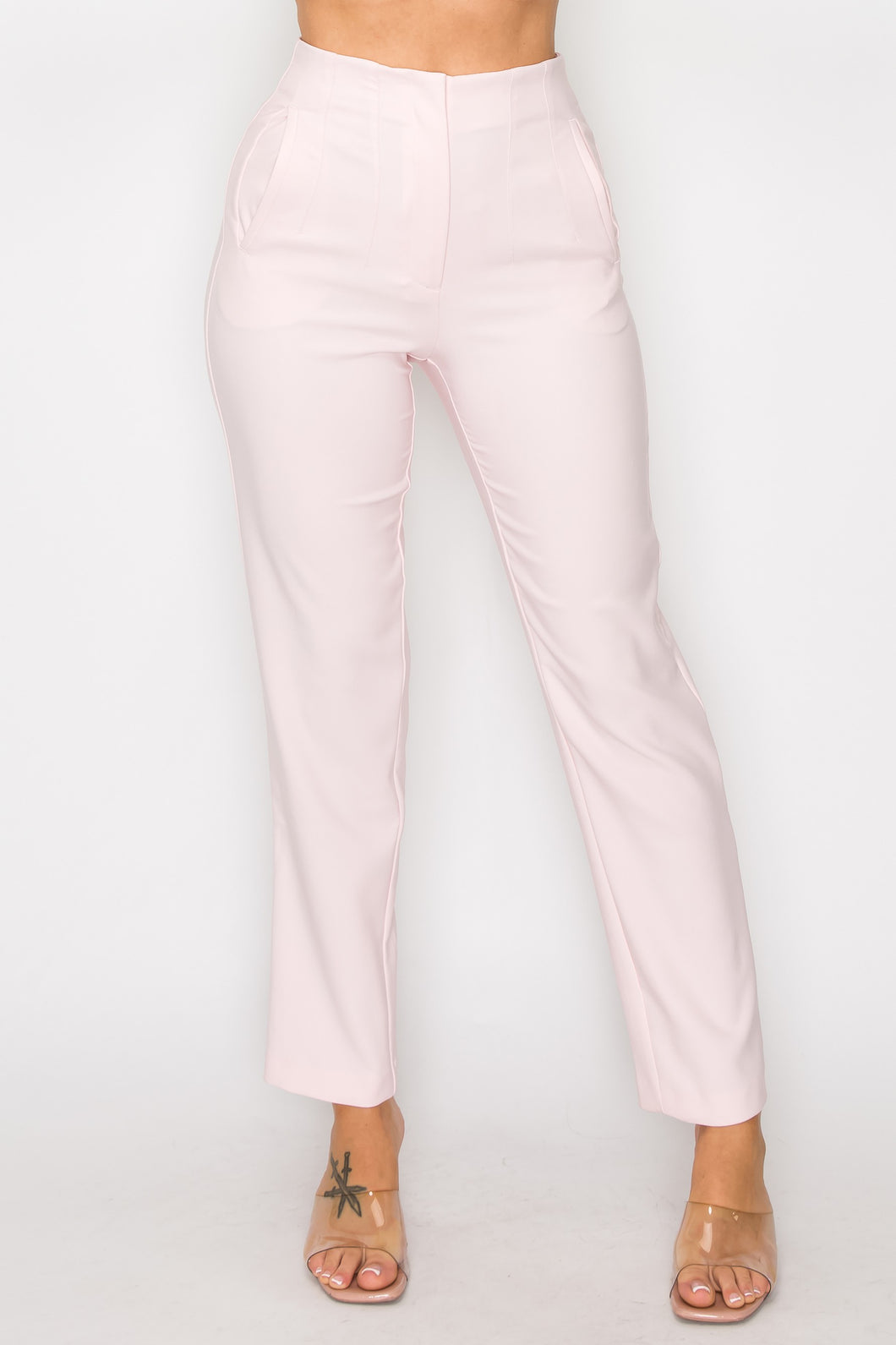 Light Pink Solid High Waist Dress Pants