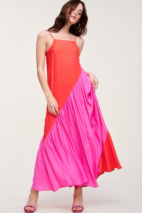 Fuchsia Red Color-block Maxi Dress