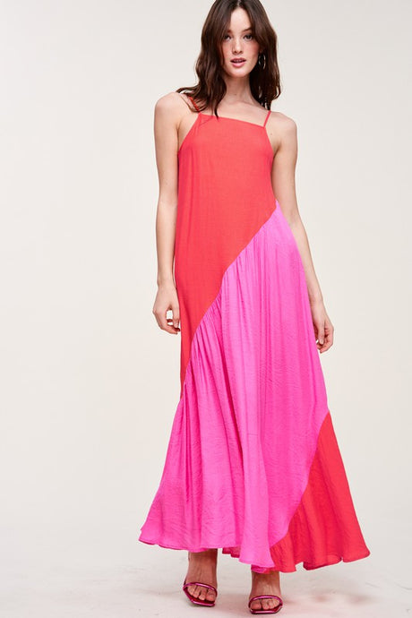 Pink Red Oblique Colorbloack Maxi Dress