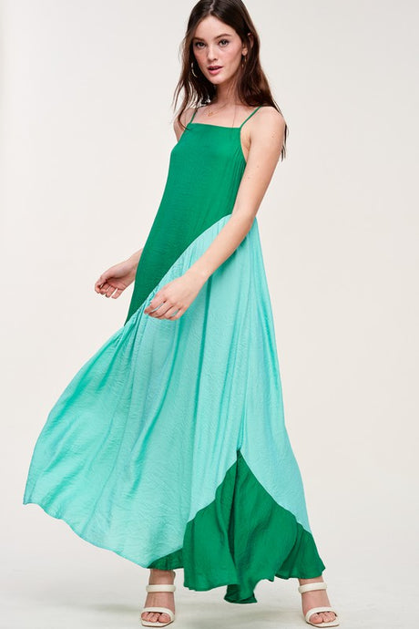 Green Blue Oblique Colorbloack Maxi Dress