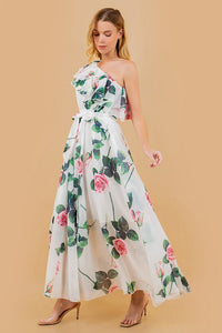 White Floral Print One Shoulder Belted Ruffle Dress