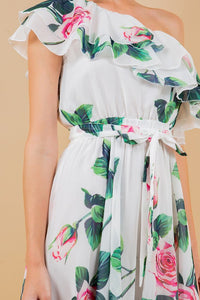White Floral Print One Shoulder Belted Ruffle Dress