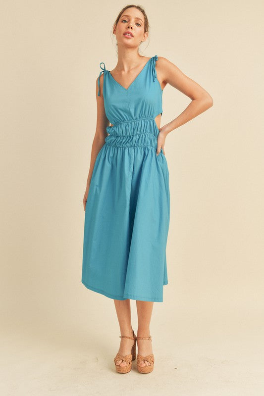 Neon Aqua Blue Midi Dress With Cut Out – Aquarius Brand