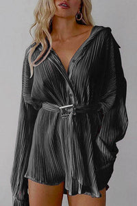 Black Textured Button Shirt Dress with Buckle Belt