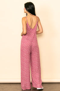 Berry Vintage Tiny Flower Pattern Wide Leg Jumpsuit