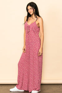 Berry Vintage Tiny Flower Pattern Wide Leg Jumpsuit