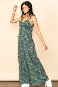 Olive Vintage Tiny Flower Pattern Wide Leg Jumpsuit