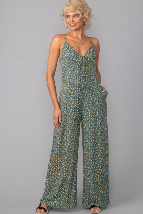 Olive Vintage Tiny Flower Pattern Wide Leg Jumpsuit