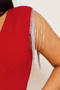 Red Crystal Metal Chain Fringe Slleve Mini Dress