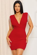 Red Crystal Metal Chain Fringe Slleve Mini Dress
