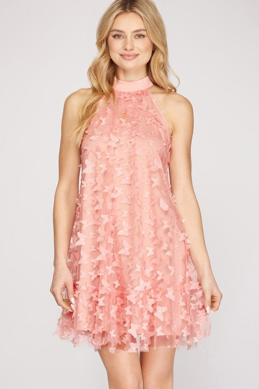 Rose Lace A Line Dress - 3d Butterfly Mesh Halter Dress