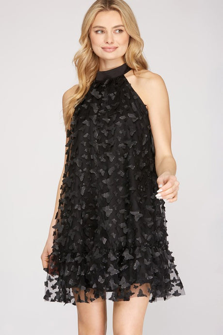Black Lace A Line Dress - 3d Butterfly Mesh Halter Dress