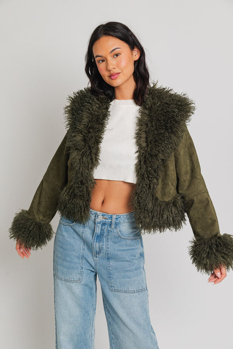 Olive Faux Fur Trim Short Jacket
