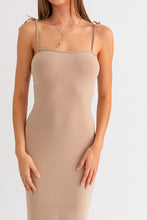 Khaki Shoulder Tie Fitted Maxi Knit Dress