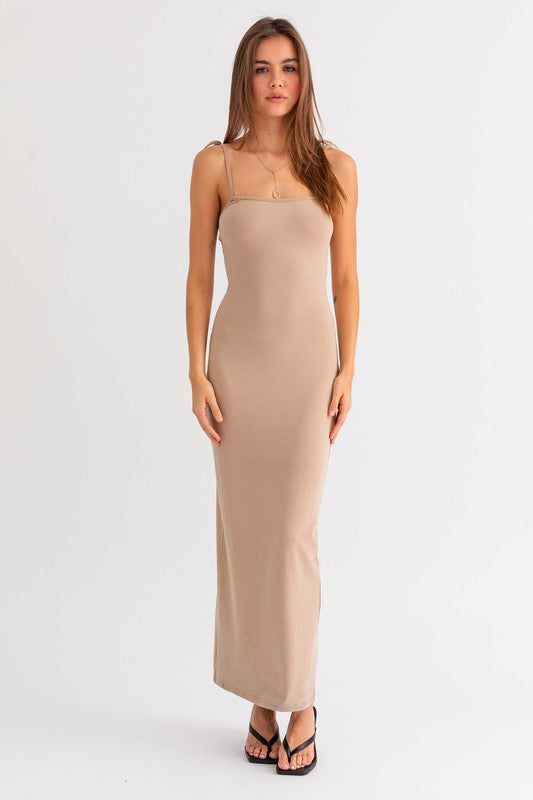 Khaki Shoulder Tie Fitted Maxi Knit Dress