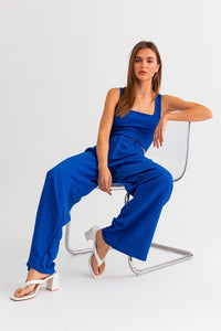Blue Low Waist Pleated Wide Leg Pants
