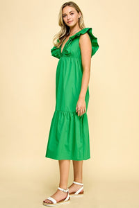 Green Double Ruffle Midi Dress