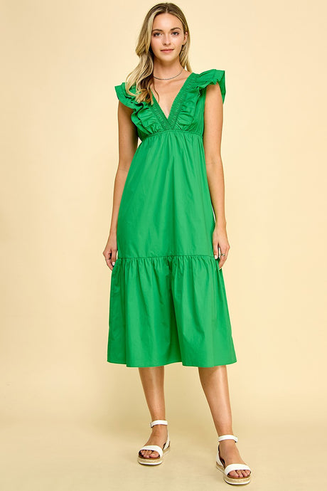 Green Double Ruffle Midi Dress