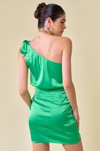 Apple Green Tie One Shoulder Wrapped Short Dress