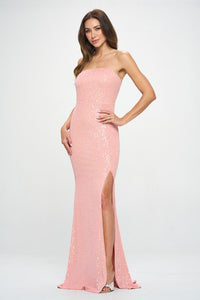 Pink Multi Strapless Multi Sequin Slit Maxi Dress