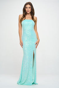 Mint Multi Strapless Multi Sequin Slit Maxi Dress