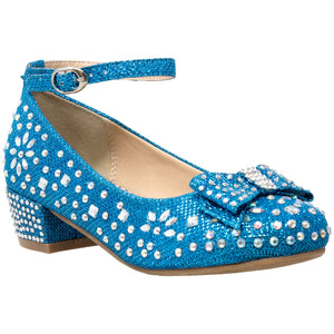 Blue Girl's Dress Shoes Glitter Rhinestone Bow Accent Mary Jane Kids Pumps