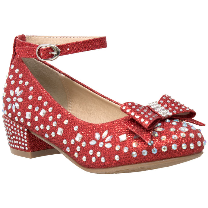 Red Girl's Dress Shoes Glitter Rhinestone Bow Accent Mary Jane Kids Pumps