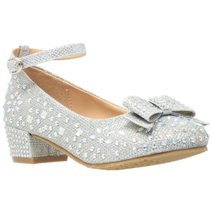 Silver Girl's Dress Shoes Glitter Rhinestone Bow Accent Mary Jane Kids Pumps