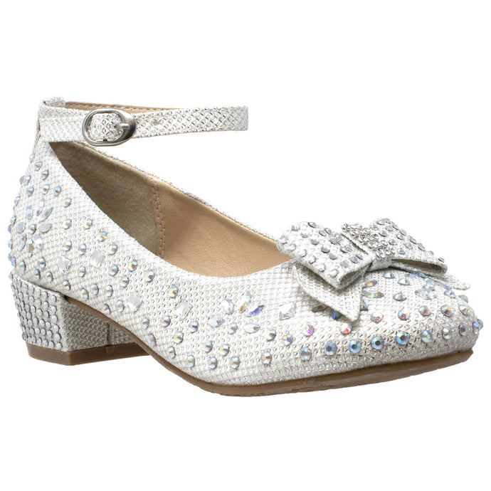 White Girl's Dress Shoes Glitter Rhinestone Bow Accent Mary Jane Kids Pumps