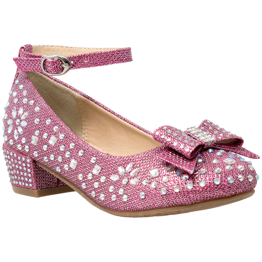 Magenta Girl's Dress Shoes Glitter Rhinestone Bow Accent Mary Jane Kids Pumps