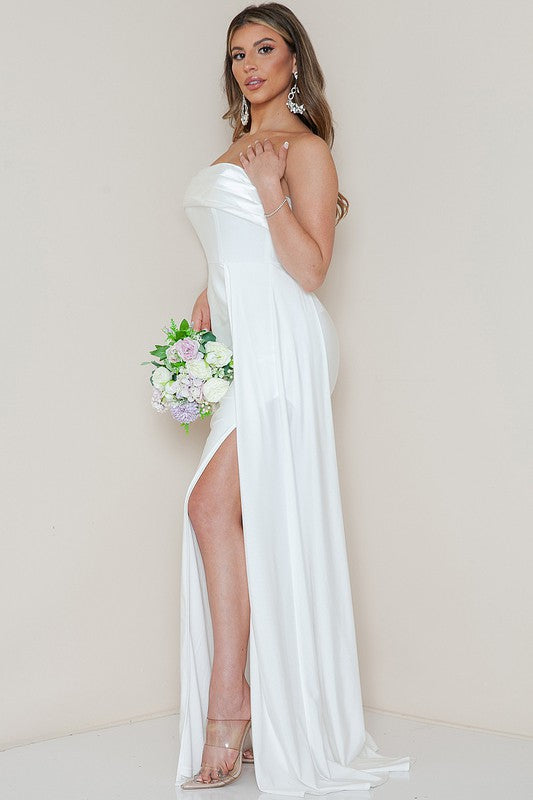 White Strapless Draped Side Split Maxi Dress – Aquarius Brand White Strapless Draped Side Split Maxi Dress – Aquarius Brand