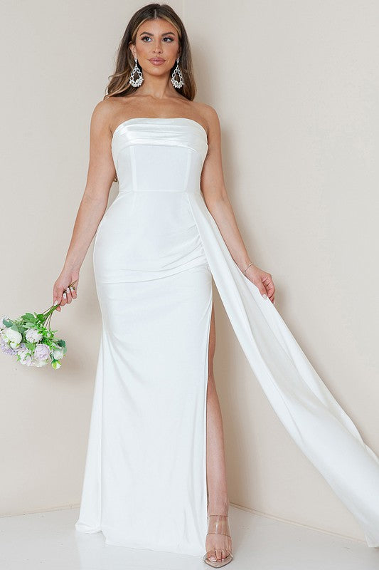 White Strapless Draped Side Split Maxi Dress – Aquarius Brand White Strapless Draped Side Split Maxi Dress – Aquarius Brand