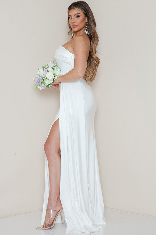 White Strapless Draped Side Split Maxi Dress – Aquarius Brand White Strapless Draped Side Split Maxi Dress – Aquarius Brand