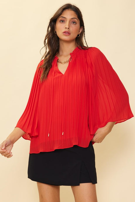 Coral Red Pleated Smocked Detail Top