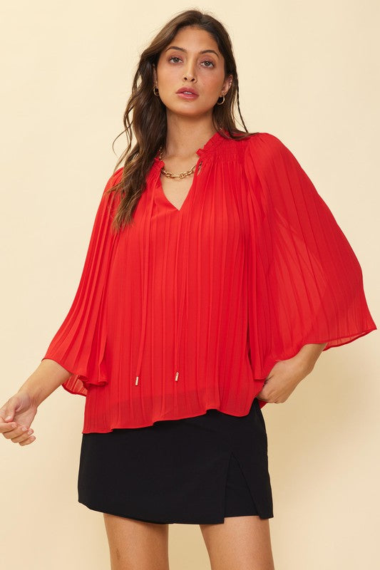 Coral Red Pleated Smocked Detail Top