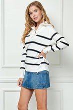 White Stripe Knit Zip-up High Collared V-neck Sweater