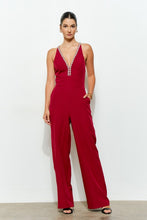 Burgundy Crystal Trim Deep V Cross Back Jumpsuit