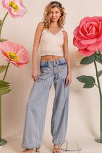 Lt Denim Washed Denim Wide Leg Pants With Tie Hem Detail
