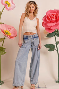 Lt Denim Washed Denim Wide Leg Pants With Tie Hem Detail
