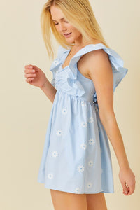 Light Blue Ruffle Shoulder Shirring Babydoll Romper