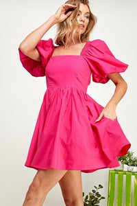 Fuchsia Puffled Balloon Sleeve Tie Back Dress