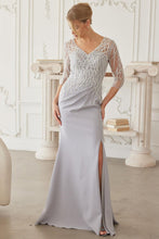 Silver Floor Length Mob Gown With 3/4 Sleeves V Neckline