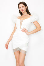 White V-Neck Off Shoulder Mesh Metal Detail Mini Dress