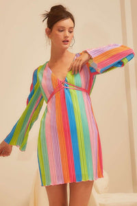 Rainbow Multi Pleat Front Cross Tie Dress