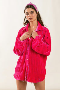 Fuchsia Wrinkle Effect Tiered Shirring Velvet Shirt