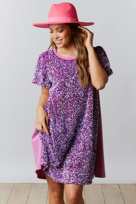 Lavender Velvet Sequin-Cotton Jersey Dress With Puff Sleeve