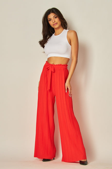 Flame Red Pleated Wide Leg Paperback Self Tie Pants