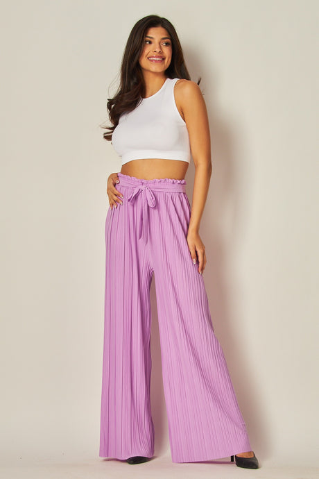 Lady Lilac Pleated Wide Leg Paperback Self Tie Pants
