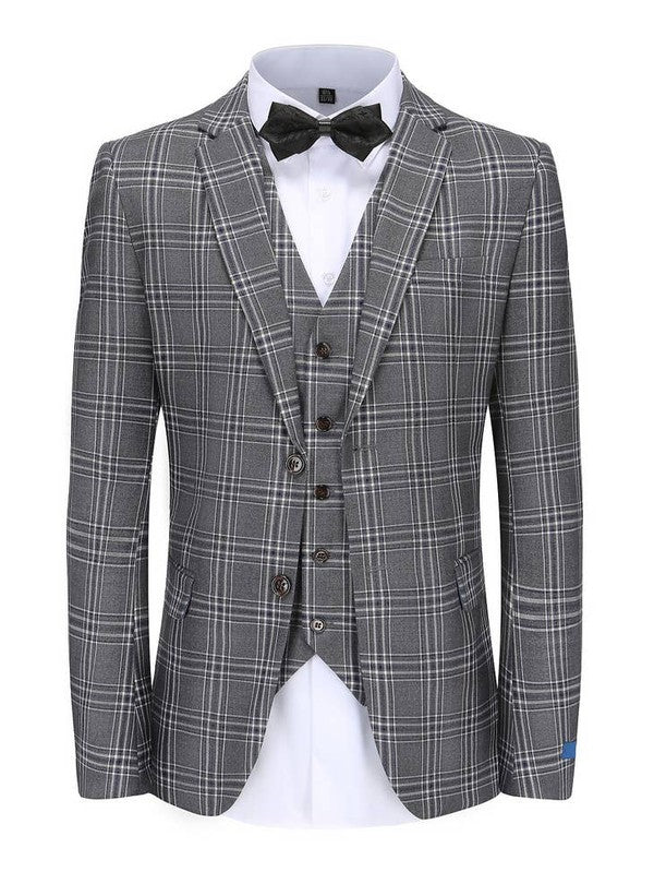 Grey Men's Slim-Fit 3PC Check Plaid Suit - Short