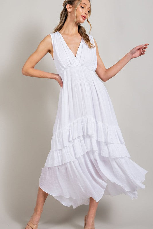 Off White V Neck Ruffle Maxi Dress
